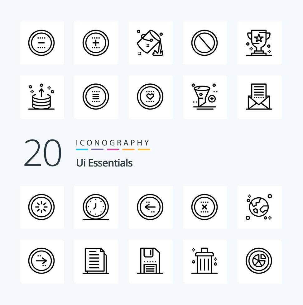 20 Ui Essentials Line icon Pack like close cancel time left circle vector