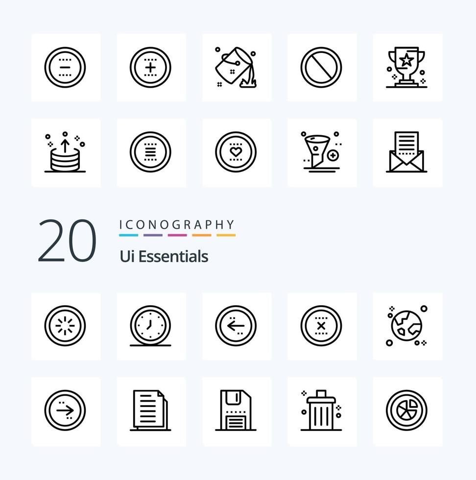 paquete de iconos de línea esencial de 20 ui como cerrar cancelar tiempo círculo izquierdo vector
