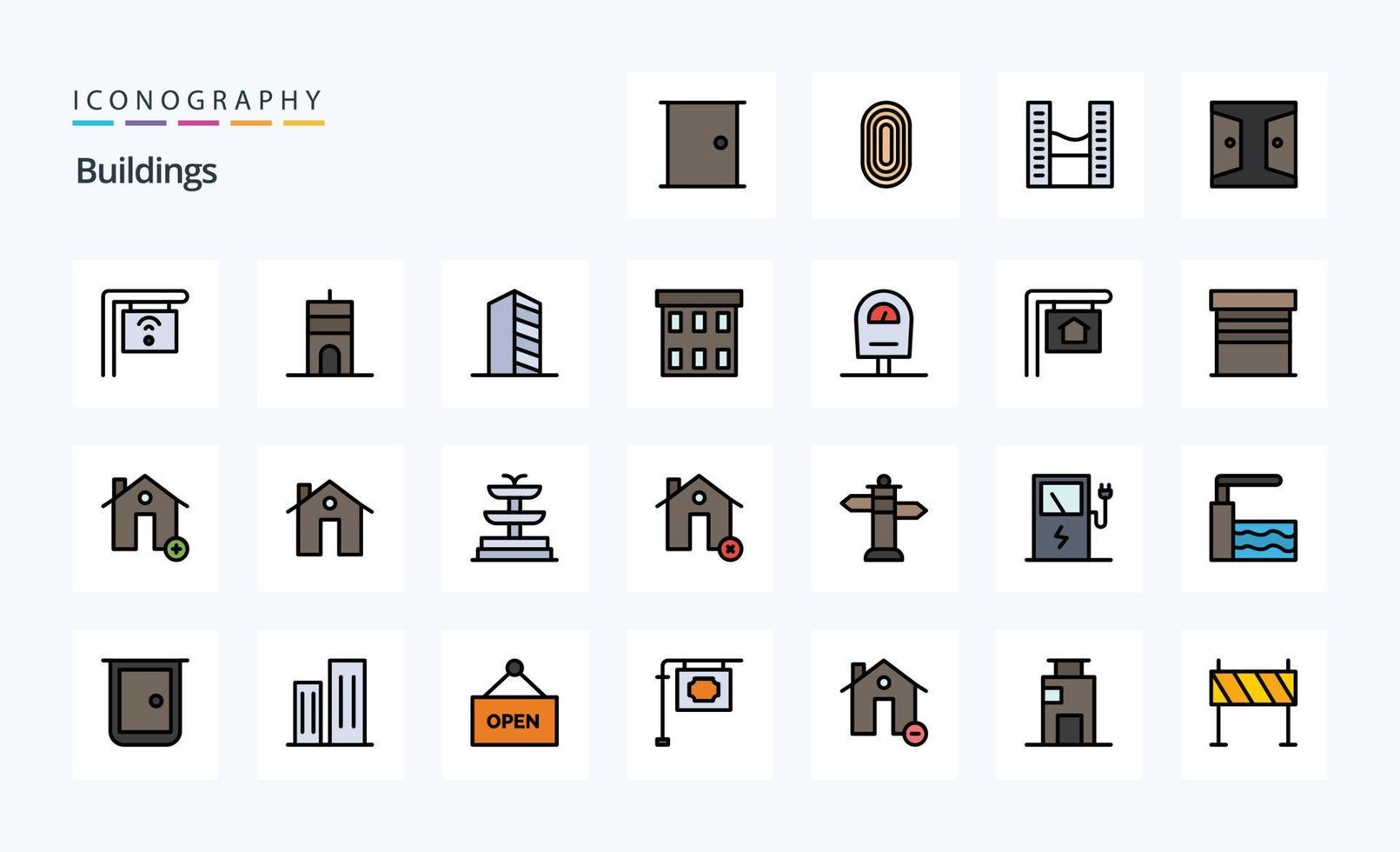 paquete de iconos de estilo lleno de línea de 25 edificios vector