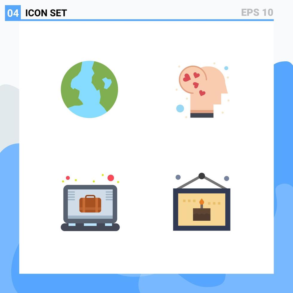 User Interface Pack of 4 Basic Flat Icons of earth laptop brain love birthday Editable Vector Design Elements