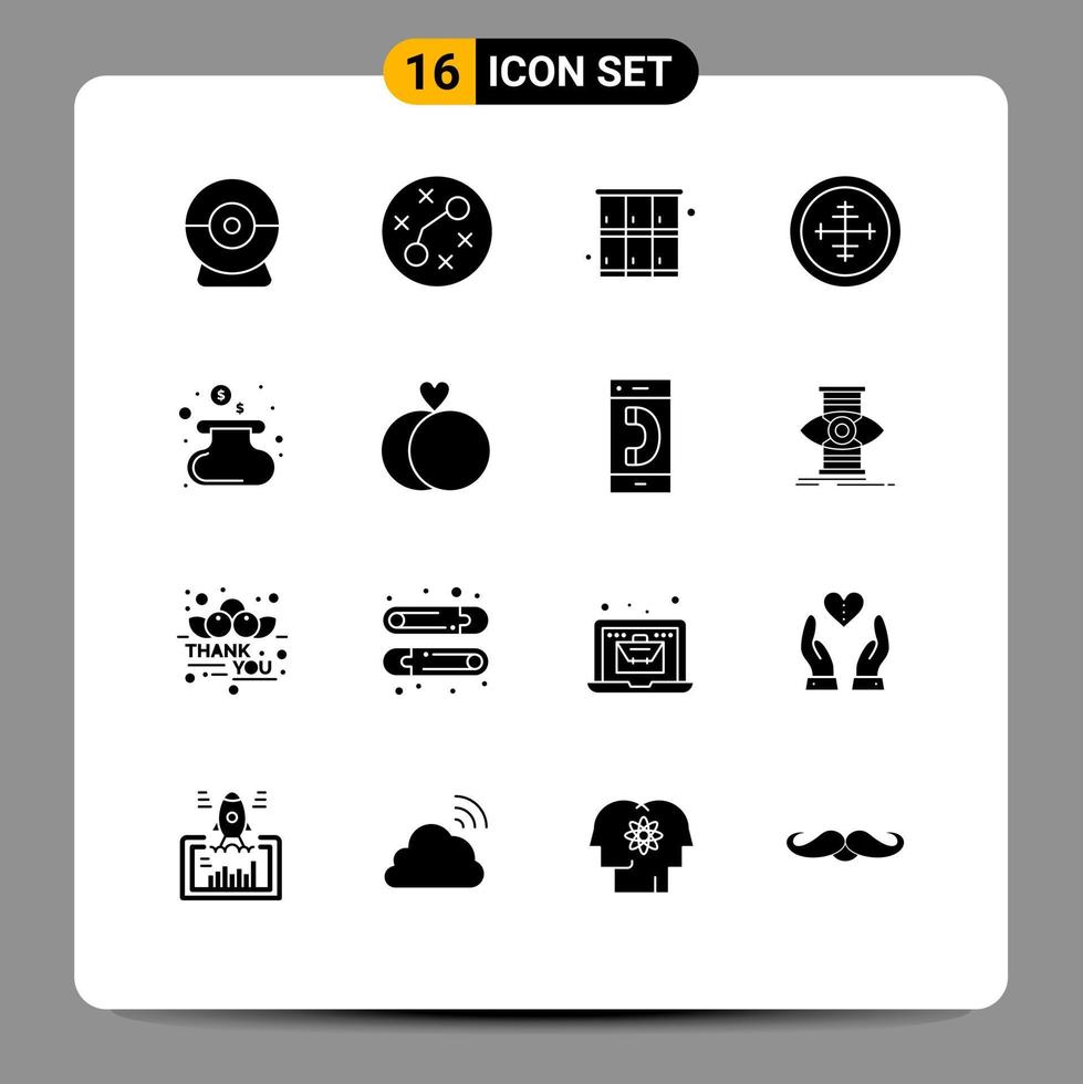 Set of 16 Commercial Solid Glyphs pack for money target locker soldier badge Editable Vector Design Elements