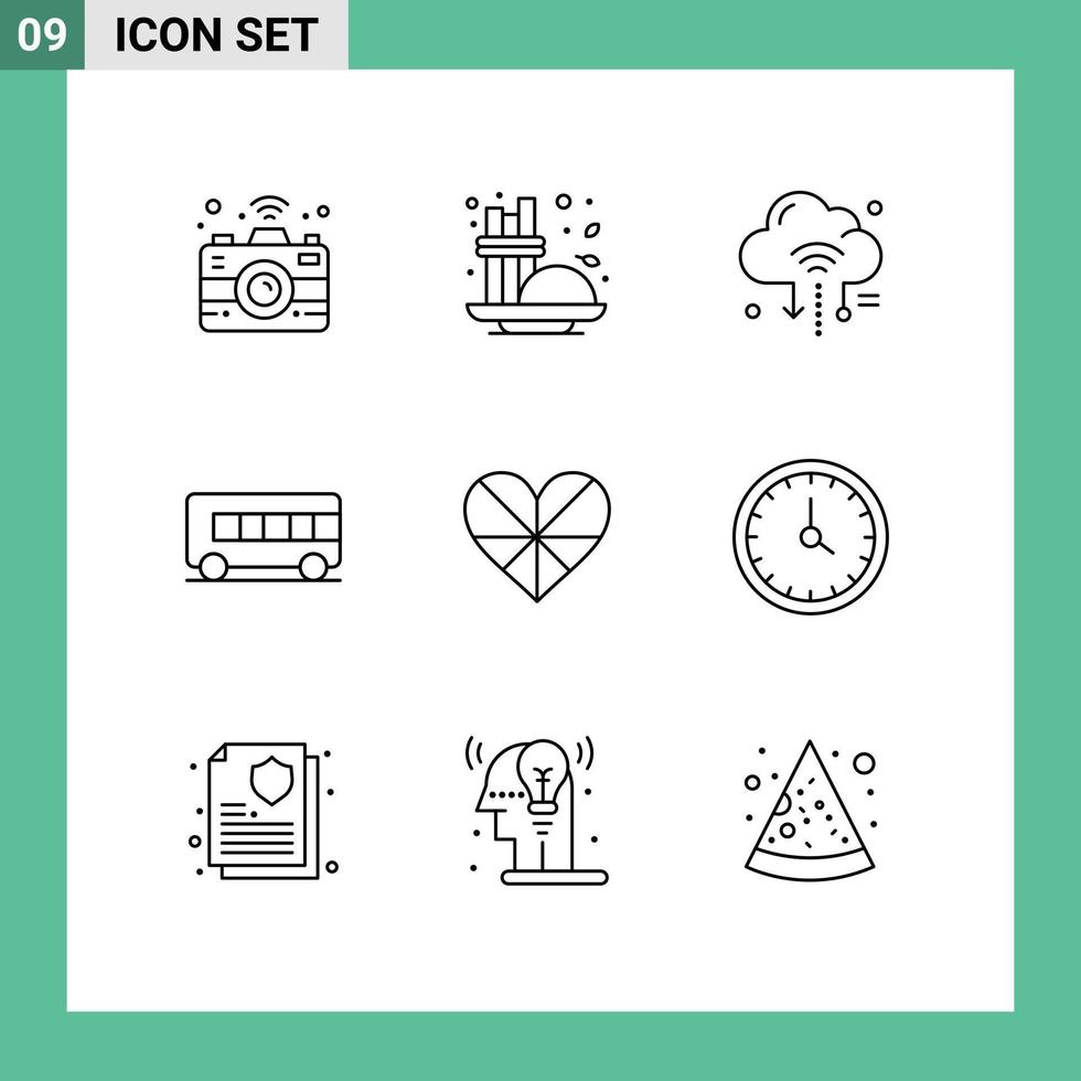Editable Vector Line Pack of 9 Simple Outlines of like heart iot vehicle bus Editable Vector Design Elements