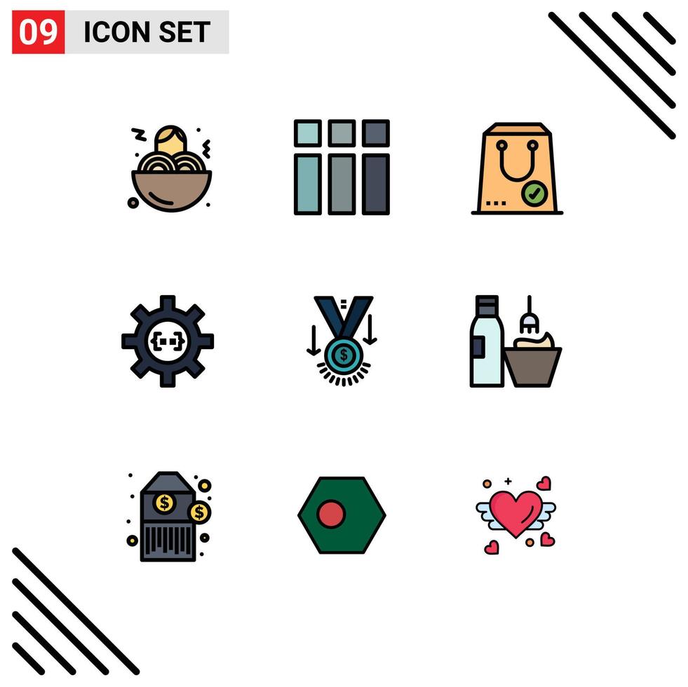 9 colores planos universales de línea de llenado establecidos para aplicaciones web y móviles desarrollo de premios comercio desarrollo codificación elementos de diseño vectorial editables vector