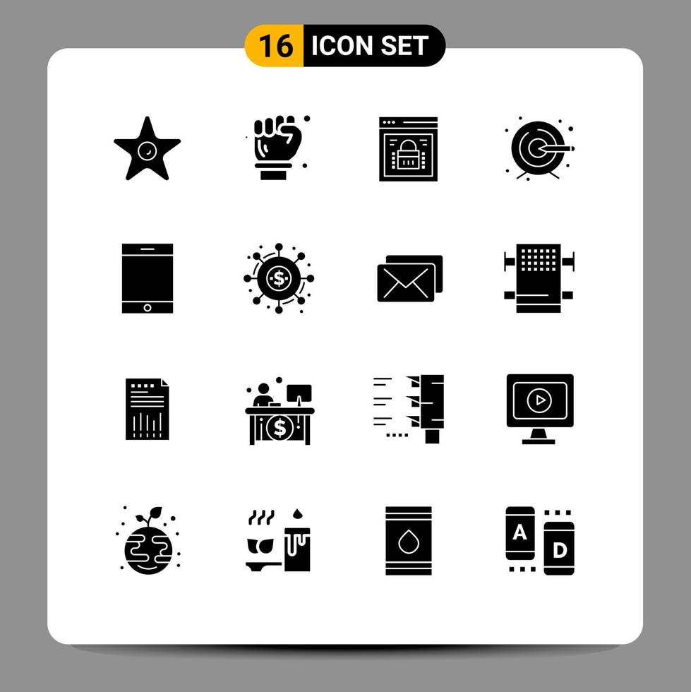 Set of 16 Commercial Solid Glyphs pack for ipad target information security process web security Editable Vector Design Elements