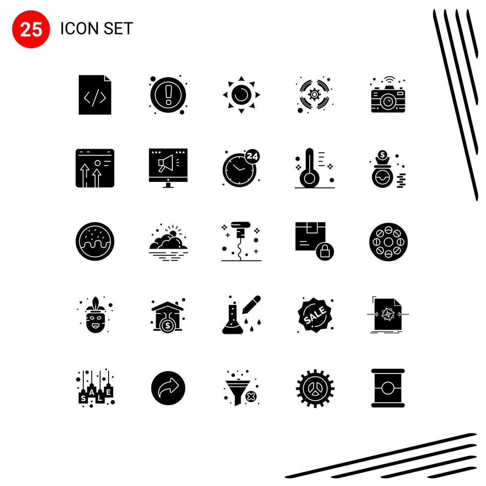 Group of 25 Modern Solid Glyphs Set for arrow connectivity shinning camera support Editable Vector Design Elements