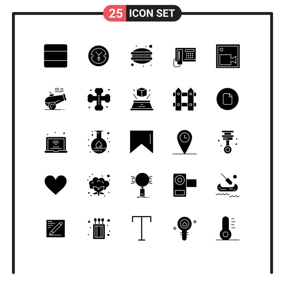 Set of 25 Vector Solid Glyphs on Grid for camera hardware cafe cell telephoe Editable Vector Design Elements