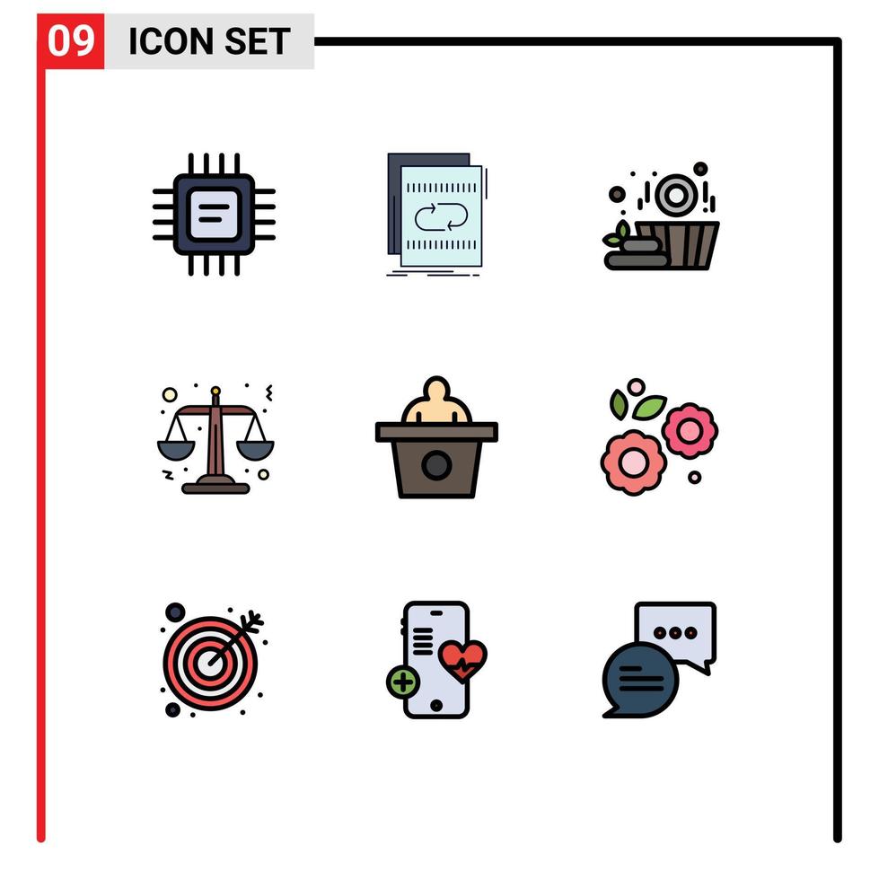 9 Thematic Vector Filledline Flat Colors and Editable Symbols of speech conference sound scales justice Editable Vector Design Elements