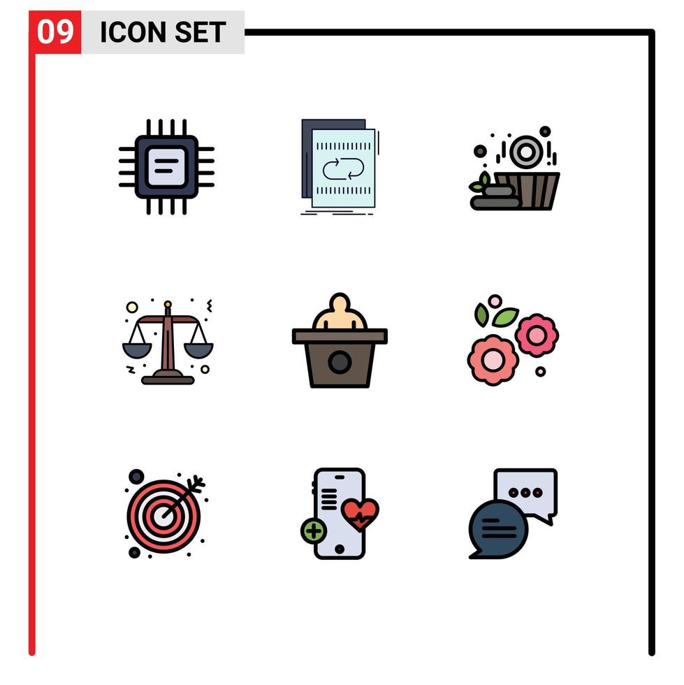 9 colores planos de línea de llenado de vectores temáticos y símbolos editables de escalas de sonido de conferencia de voz justicia elementos de diseño de vectores editables