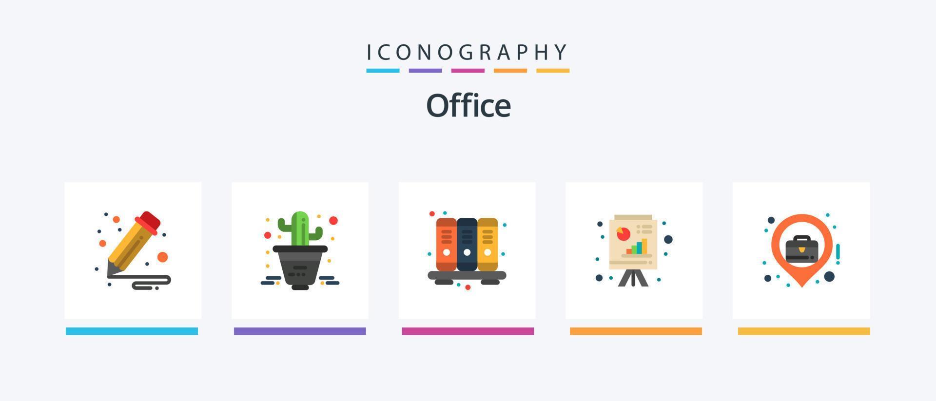 paquete de iconos de oficina plana 5 que incluye ubicación comercial. localización. conocimiento. ciudad. PowerPoint. diseño de iconos creativos vector