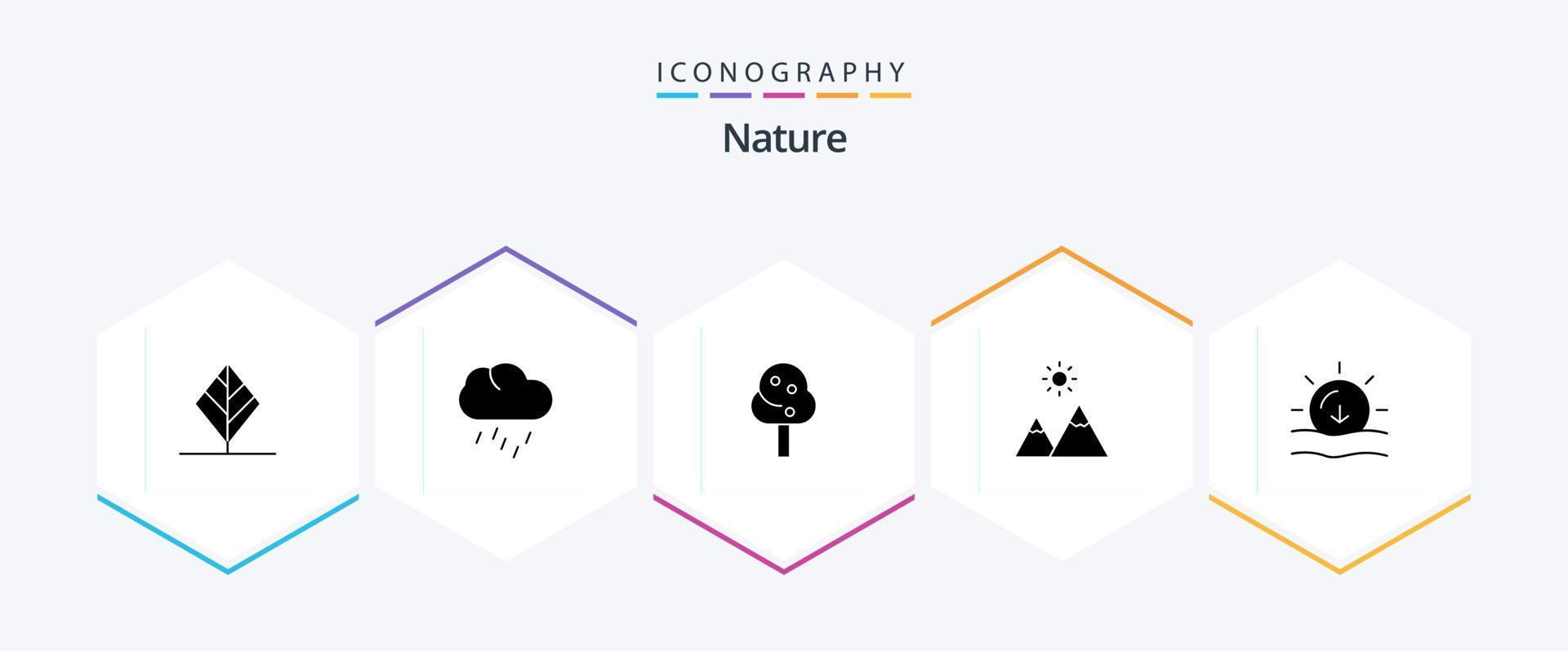 paquete de iconos de 25 glifos de la naturaleza, incluida la puesta de sol. naturaleza. naturaleza. pico. montaña vector