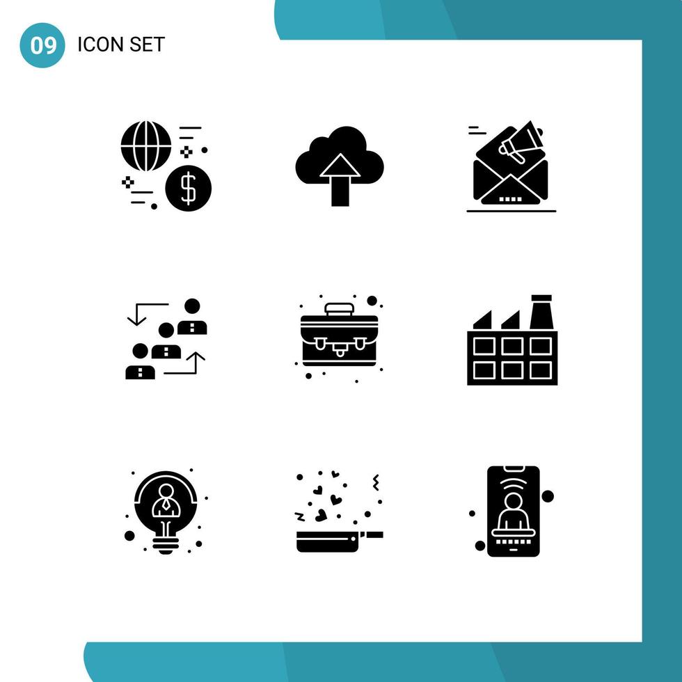 paquete de 9 signos y símbolos de glifos sólidos modernos para medios de impresión web, como elementos de diseño de vectores editables de marketing de carrera en la nube de avance de escalera