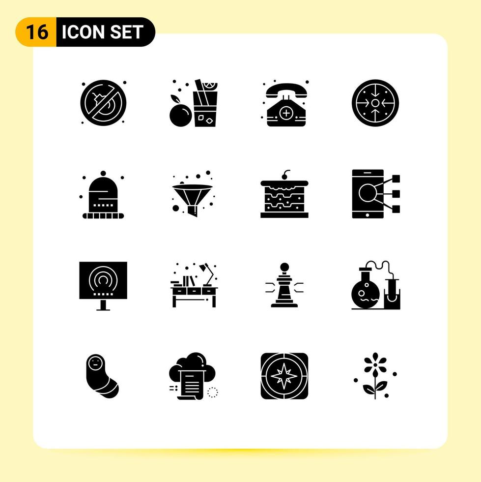paquete de 16 signos y símbolos de glifos sólidos modernos para medios de impresión web, como objetivos de operaciones médicas de procesos de sombreros, elementos de diseño de vectores editables