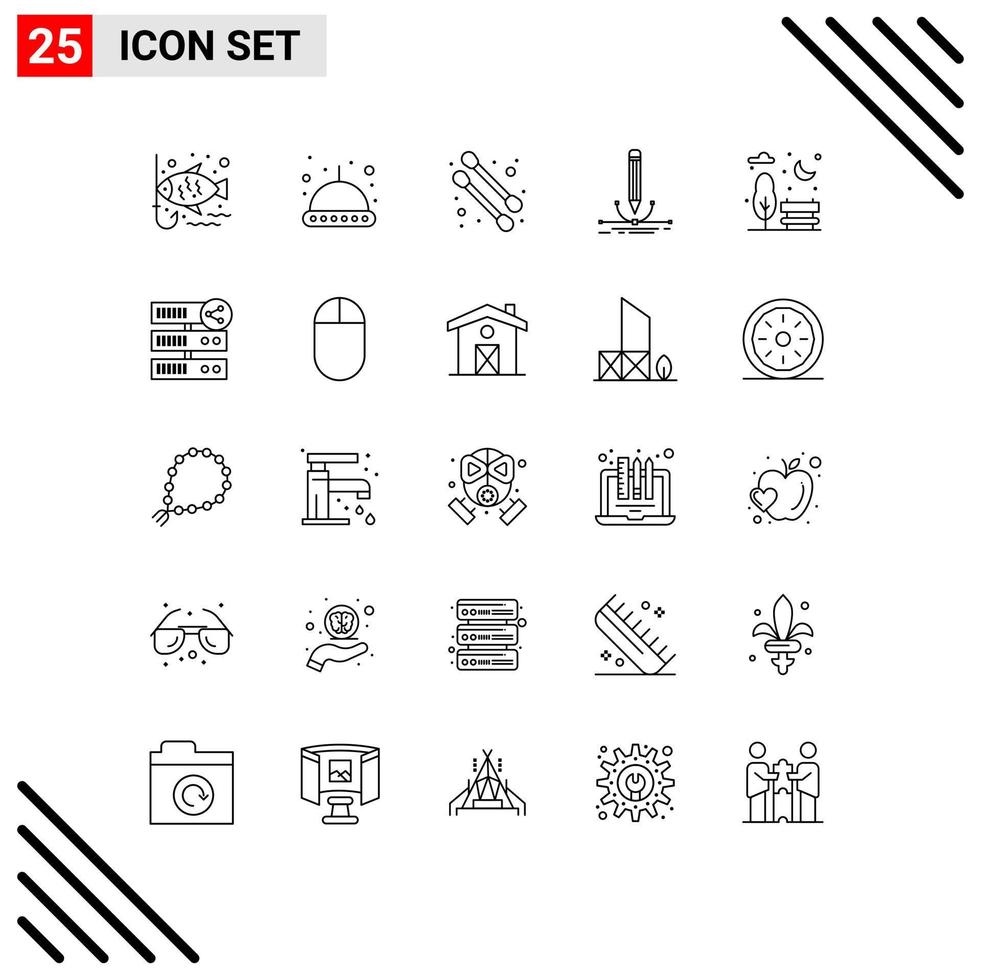 User Interface Pack of 25 Basic Lines of hosting city cotton swab bench graphic Editable Vector Design Elements