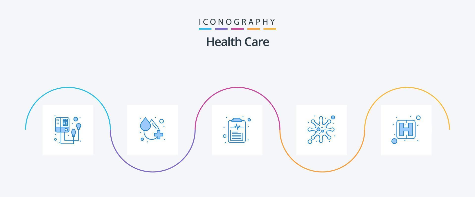 paquete de iconos azul 5 de atención médica que incluye el letrero del hospital. Lista de Verificación. virus. bacterias vector