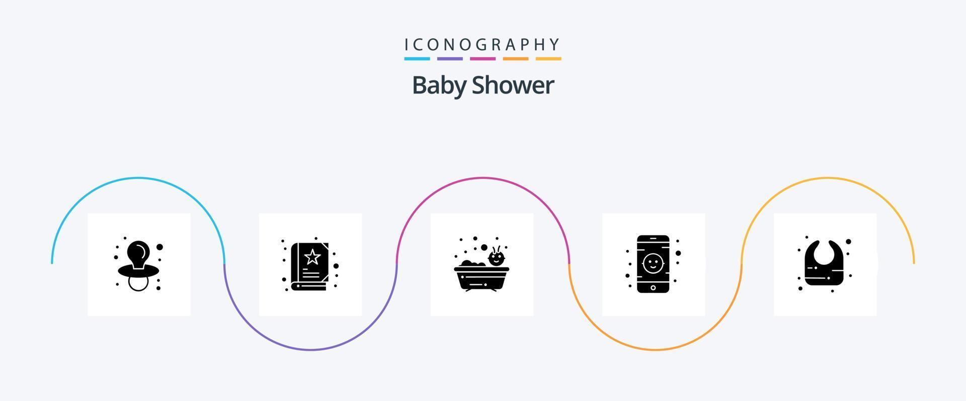 paquete de iconos de baby shower glyph 5 que incluye. niño. baños. babero. juguete vector