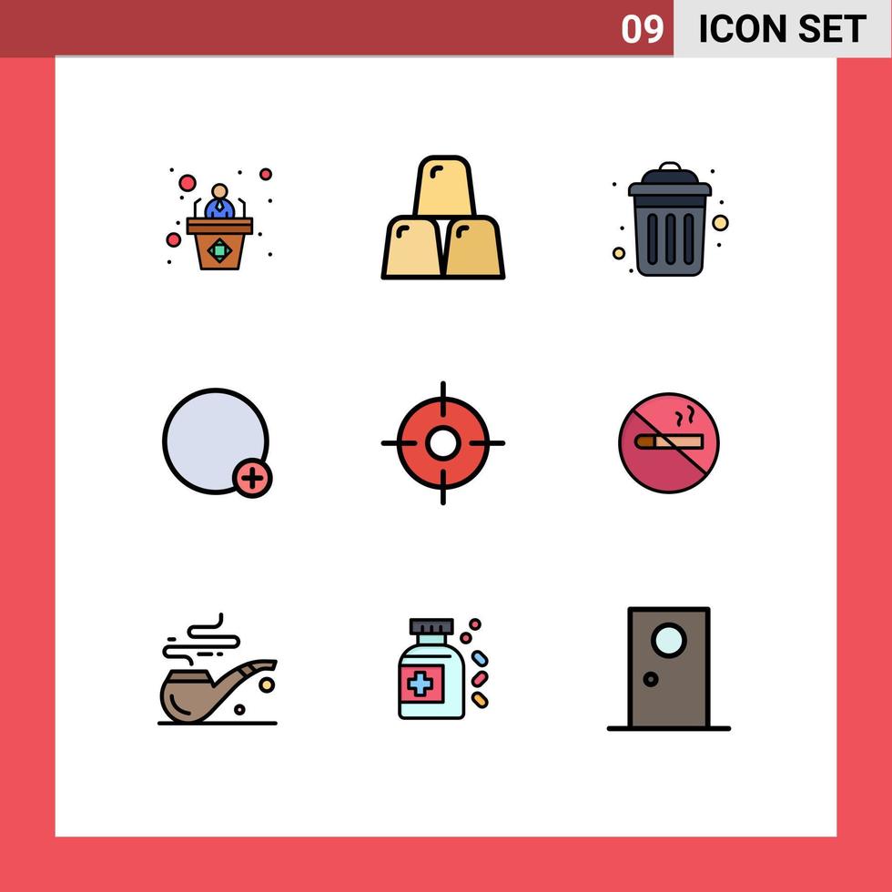 Pack of 9 creative Filledline Flat Colors of location ui dustbin sign basic Editable Vector Design Elements