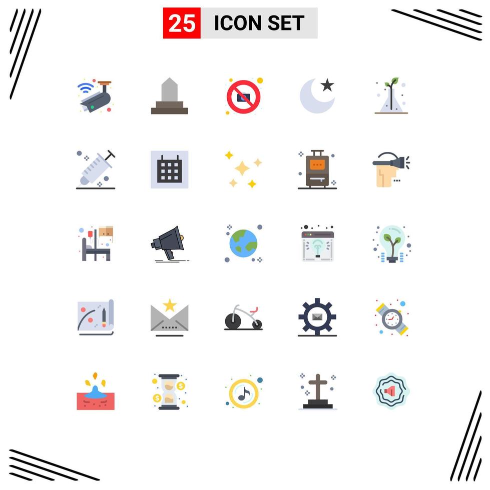 Pack of 25 Modern Flat Colors Signs and Symbols for Web Print Media such as trees science camera night moon Editable Vector Design Elements