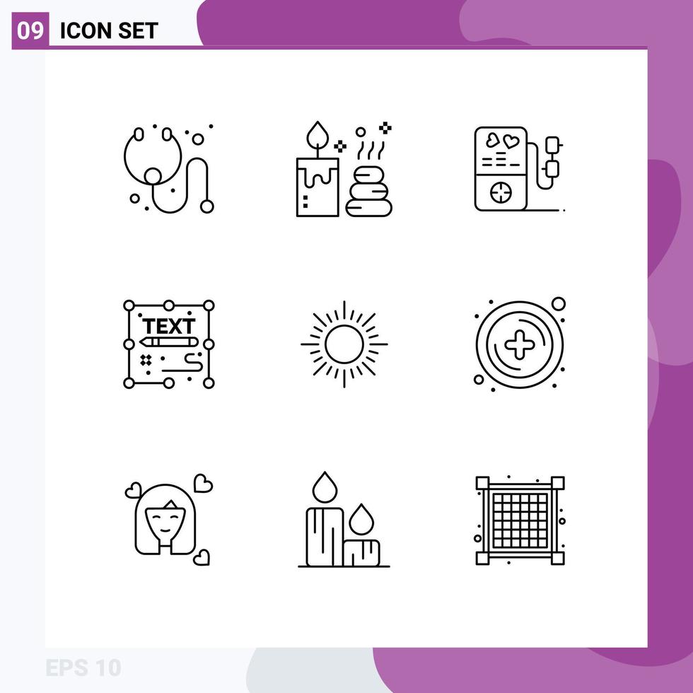 Modern Set of 9 Outlines and symbols such as add sunrise wedding sun page Editable Vector Design Elements