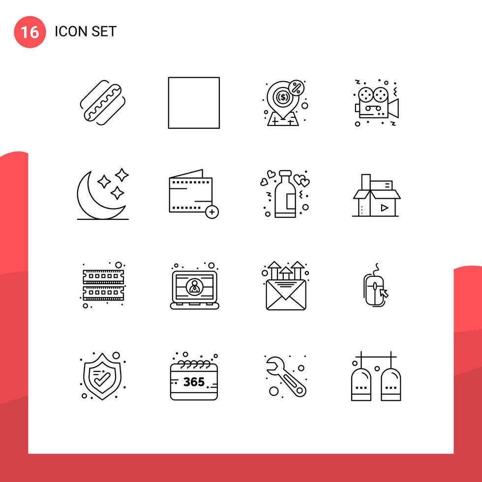Pictogram Set of 16 Simple Outlines of film camera stop movie payment Editable Vector Design Elements