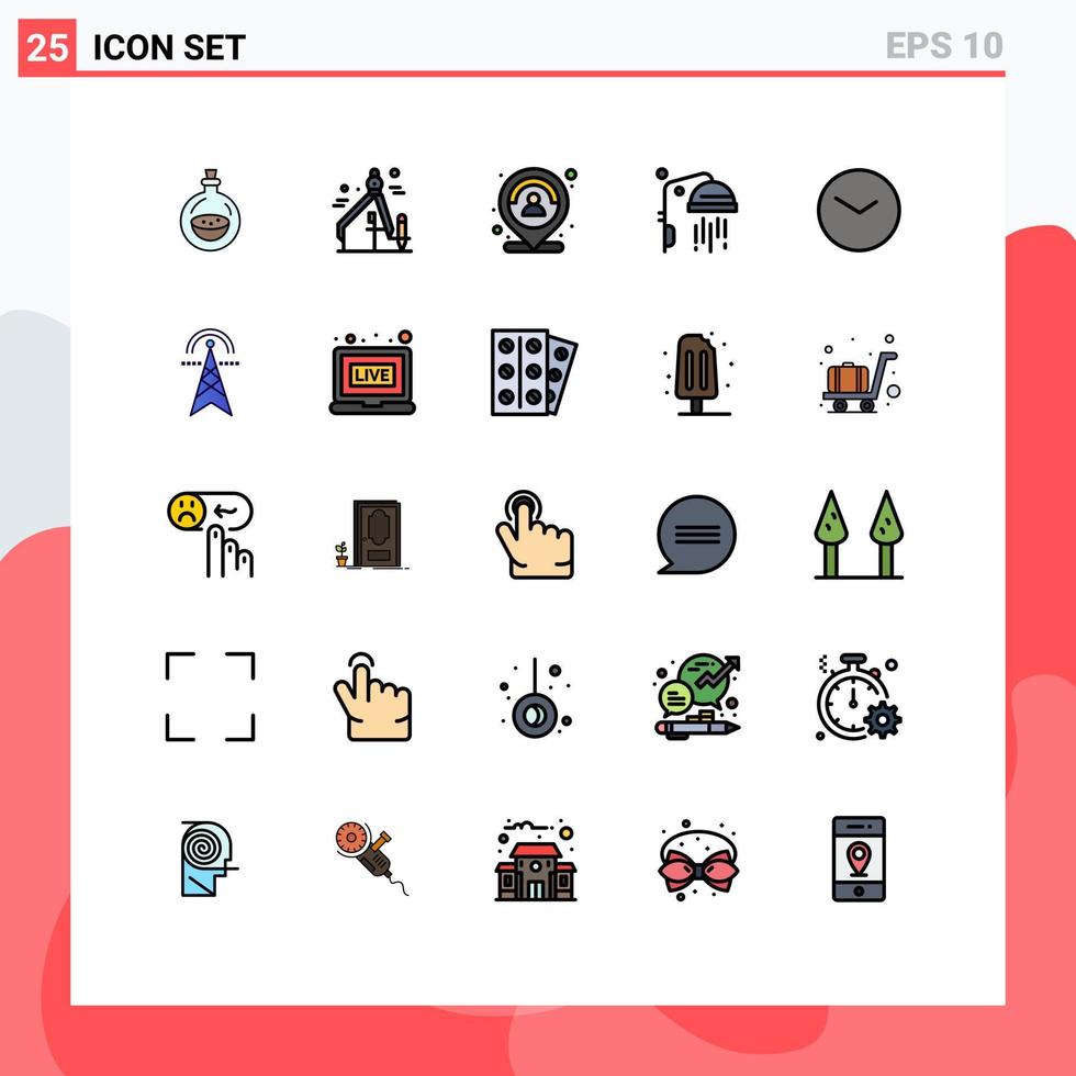 Set of 25 Modern UI Icons Symbols Signs for time basic location shower bathroom Editable Vector Design Elements