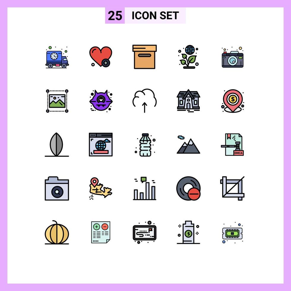 grupo de 25 signos y símbolos de colores planos de línea rellena para diseñar elementos de diseño de vectores editables de cámara de cuadro de fotografía