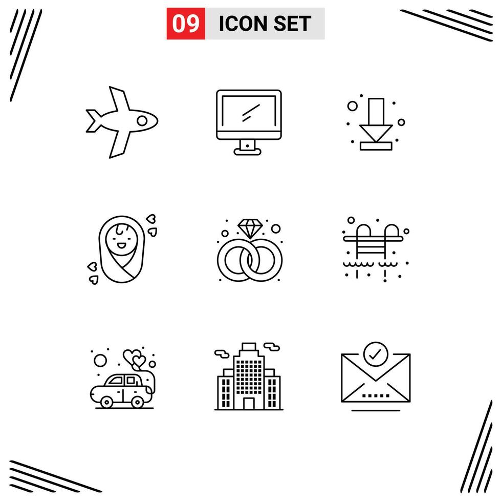 Modern Set of 9 Outlines and symbols such as city present arrow diamond child Editable Vector Design Elements