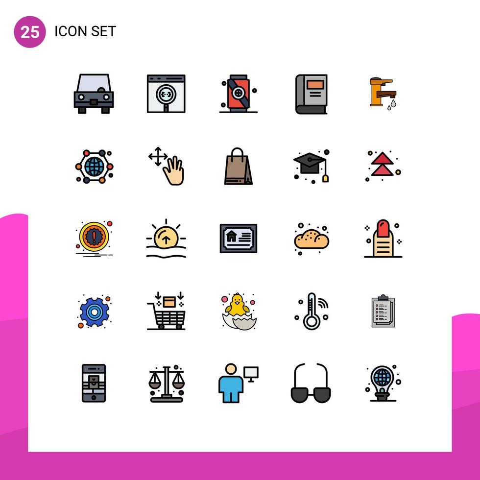 Pack of 25 Modern Filled line Flat Colors Signs and Symbols for Web Print Media such as tapwater knowledge develop education soft Editable Vector Design Elements
