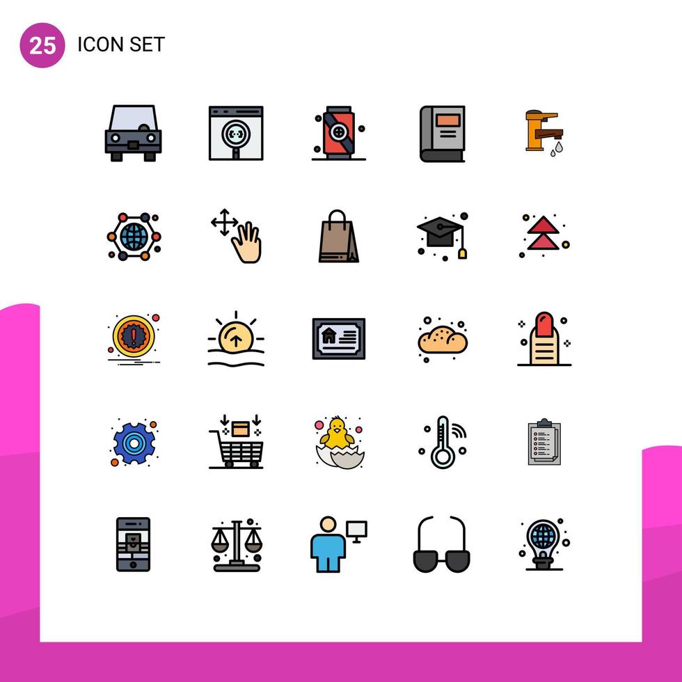 paquete de 25 modernos signos y símbolos de colores planos de línea rellena para medios de impresión web, como el conocimiento del agua del grifo, desarrollar elementos de diseño de vectores editables suaves para la educación