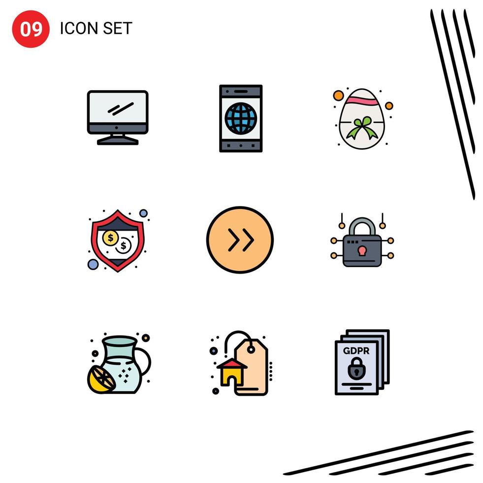 Set of 9 Commercial Filledline Flat Colors pack for circle shield world security nature Editable Vector Design Elements