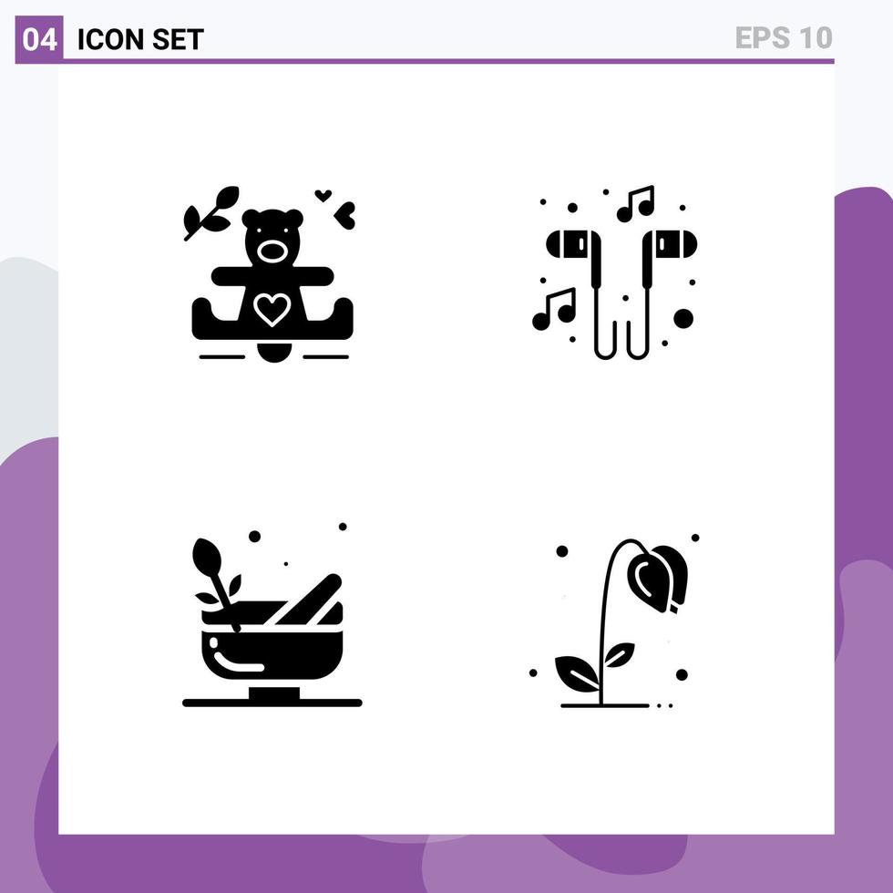 4 Universal Solid Glyphs Set for Web and Mobile Applications hearts grinding wedding music bowl Editable Vector Design Elements