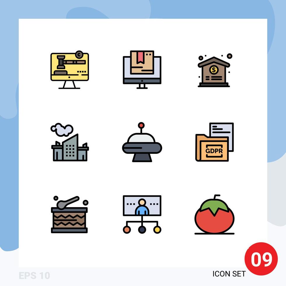 Pictogram Set of 9 Simple Filledline Flat Colors of space pollution technology landscape factory Editable Vector Design Elements