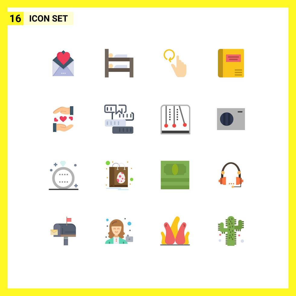 Pack of 16 Modern Flat Colors Signs and Symbols for Web Print Media such as sharing medical hand medical book book Editable Pack of Creative Vector Design Elements