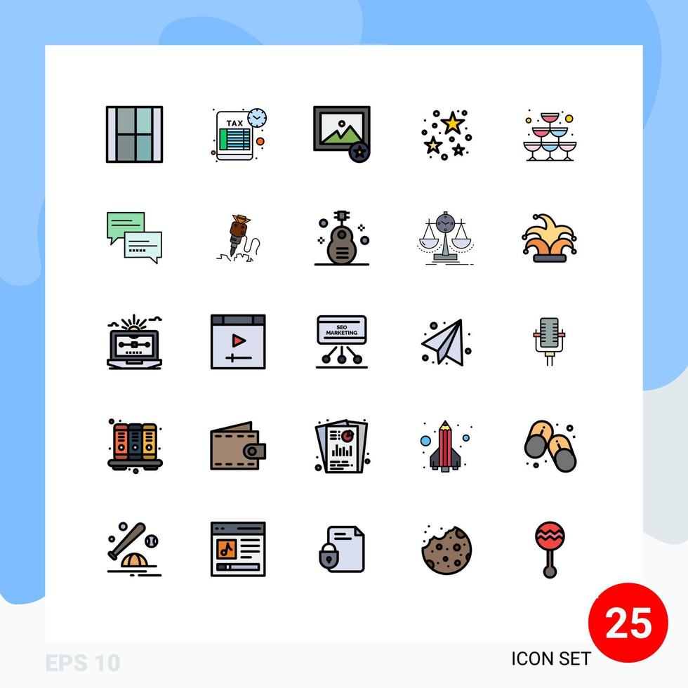 User Interface Pack of 25 Basic Filled line Flat Colors of sparkling stare tax return celebration night Editable Vector Design Elements