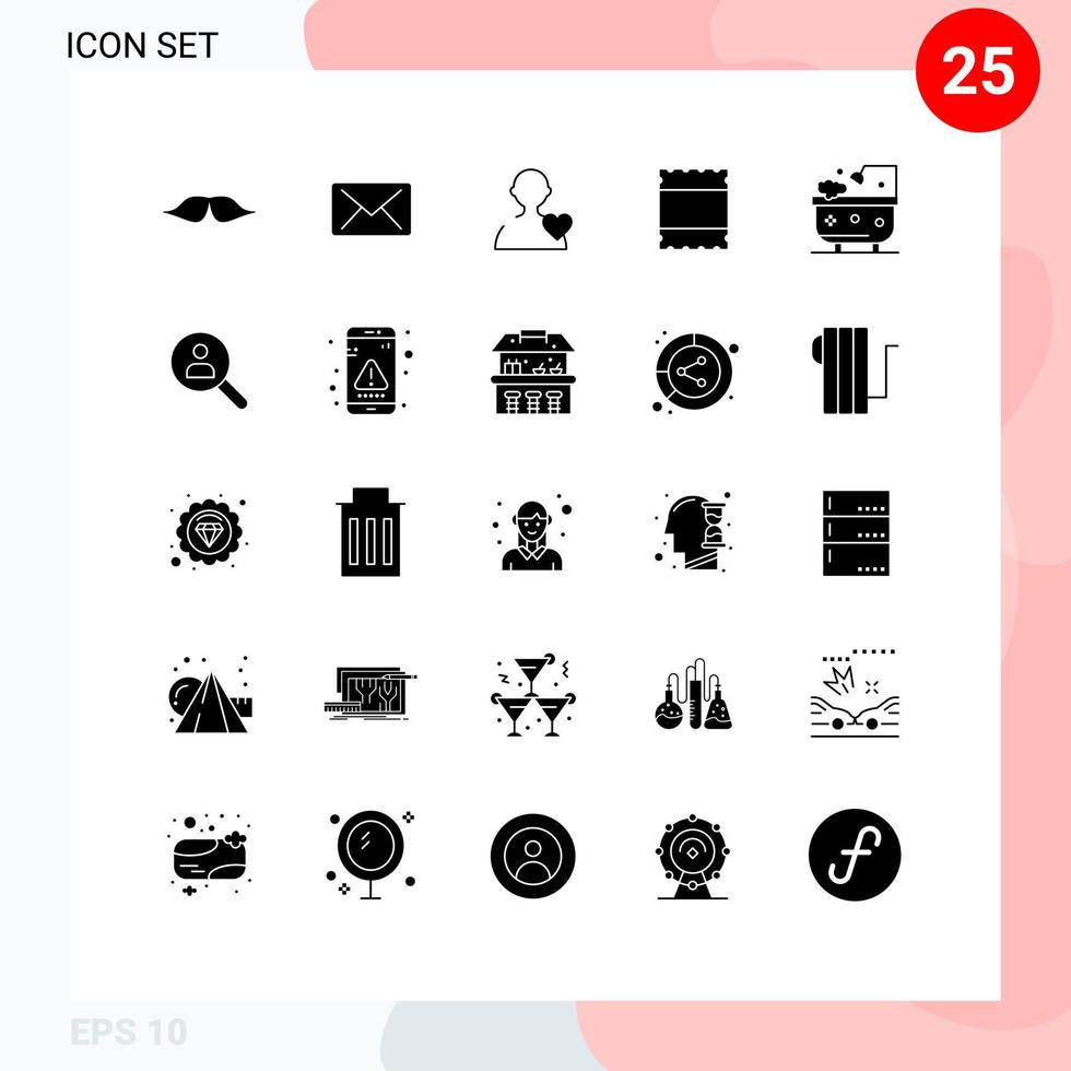 Mobile Interface Solid Glyph Set of 25 Pictograms of browse cleaning user bathroom maximize Editable Vector Design Elements