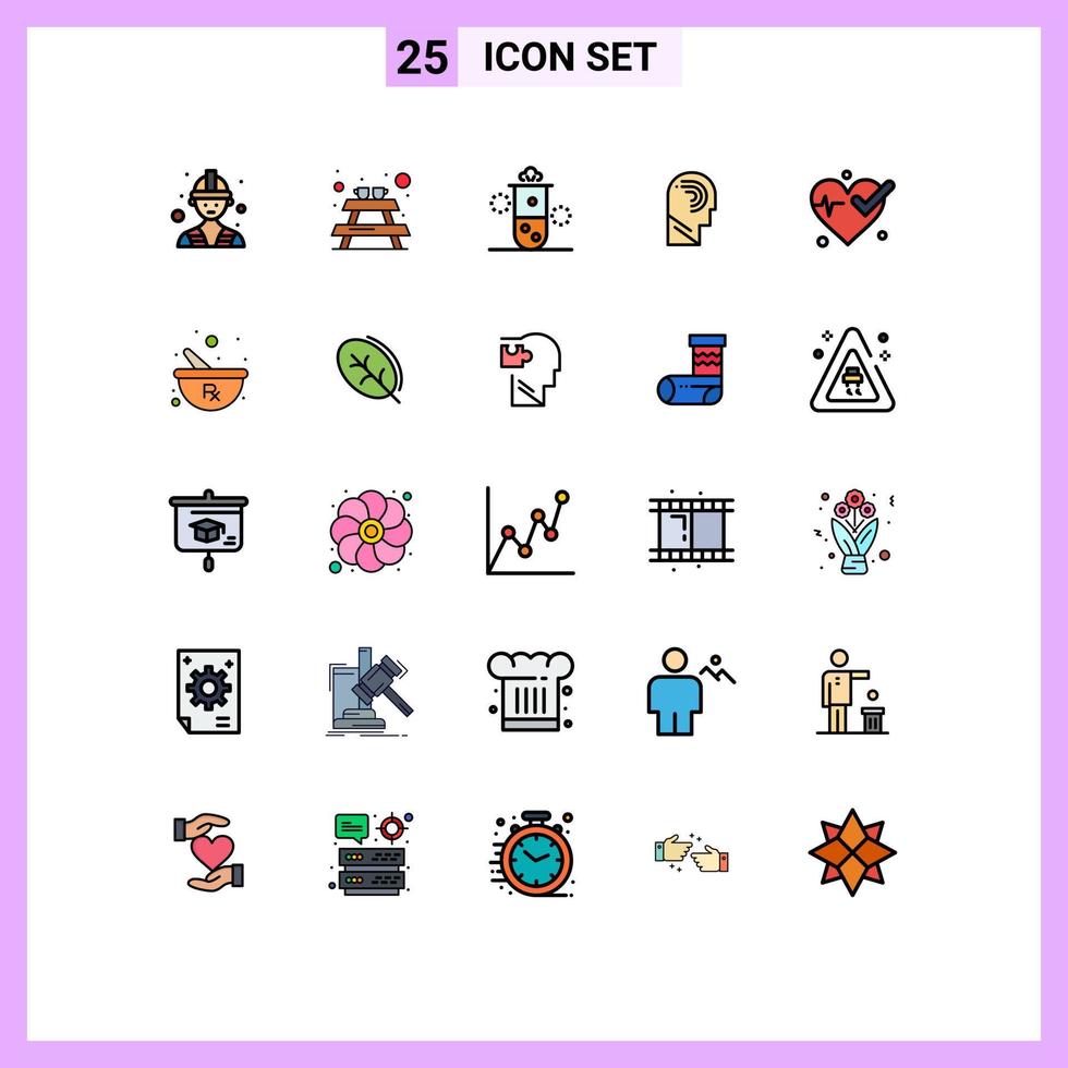 User Interface Pack of 25 Basic Filled line Flat Colors of heart switch radioactivity mind human Editable Vector Design Elements