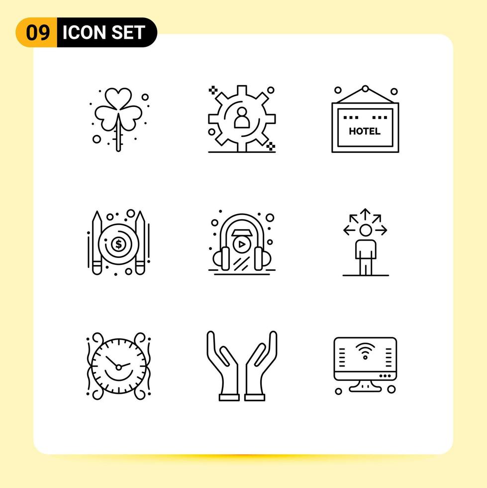 Pictogram Set of 9 Simple Outlines of learning e learning hotel writer paid Editable Vector Design Elements
