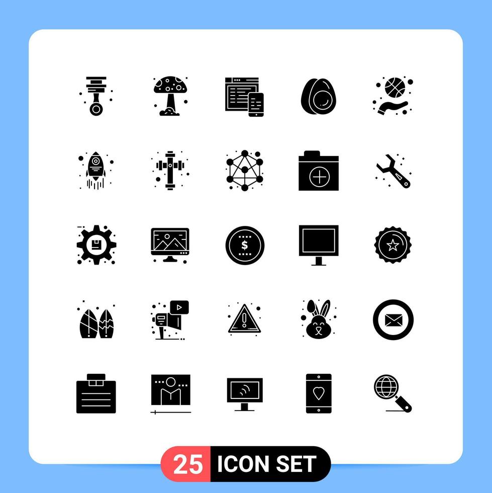 Set of 25 Commercial Solid Glyphs pack for hand basketball spinning design easter eggs Editable Vector Design Elements