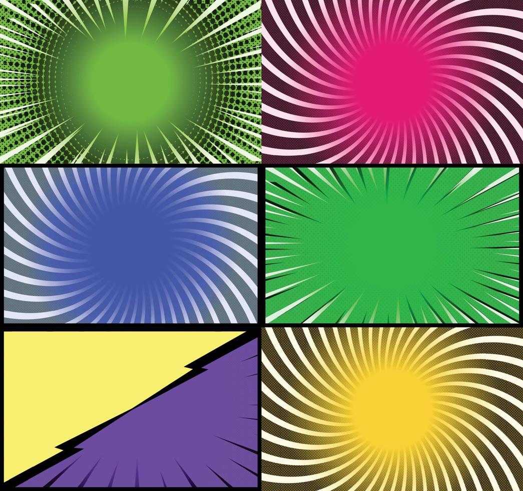 Comic book colorful frames background with halftone rays radial and dotted effects pop art style vector