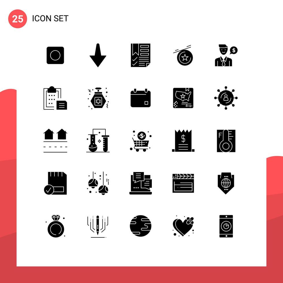 25 Thematic Vector Solid Glyphs and Editable Symbols of document dollar page job man Editable Vector Design Elements