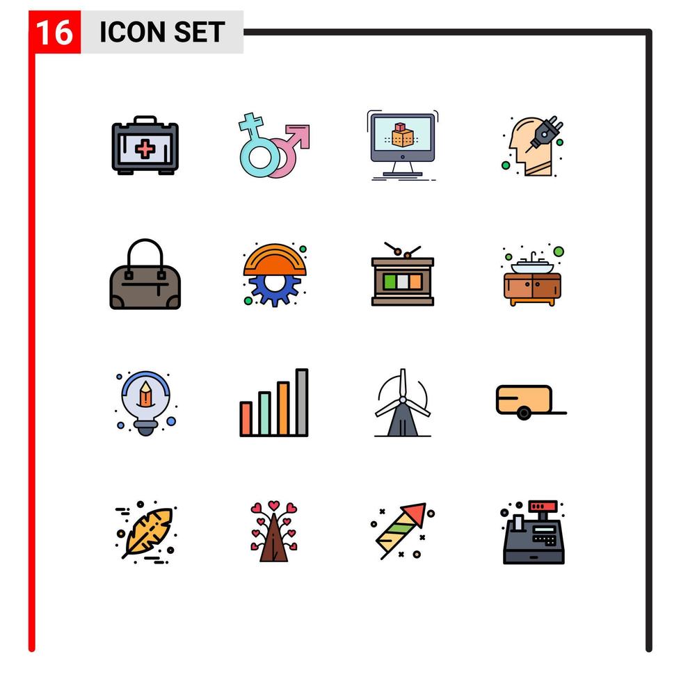 Set of 16 Modern UI Icons Symbols Signs for bag plug cube mind head Editable Creative Vector Design Elements