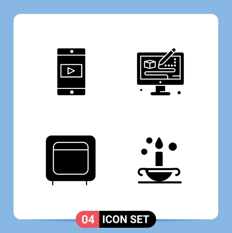conjunto moderno de 4 pictogramas de glifos sólidos de elementos de diseño vectorial editables de dinero de modelado de video de caja de aplicación vector