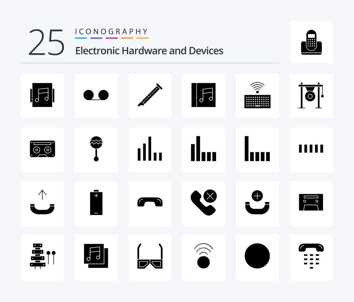 Devices 25 Solid Glyph icon pack including audio. keyboard. instrument. hardware. media vector