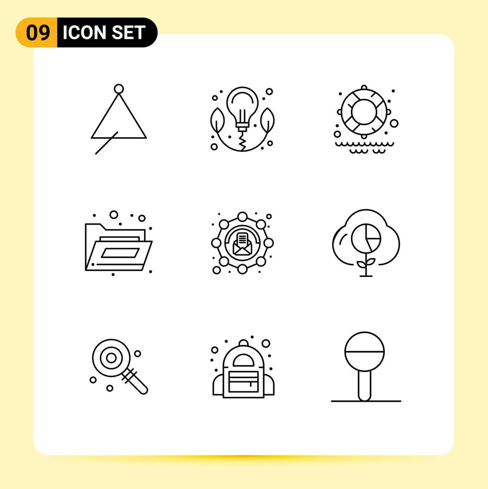 Pack of 9 Modern Outlines Signs and Symbols for Web Print Media such as message email lifesaver affiliate folder Editable Vector Design Elements