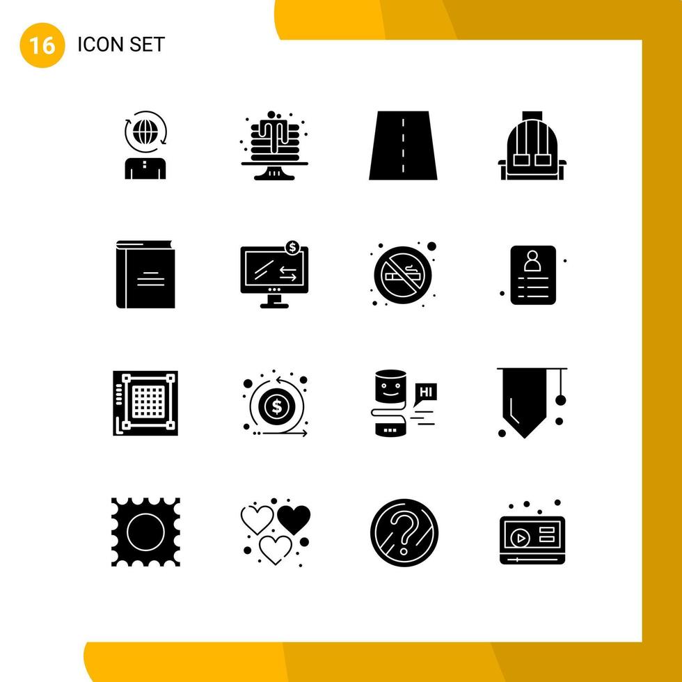 Modern Set of 16 Solid Glyphs and symbols such as book camping bridge bag highway Editable Vector Design Elements