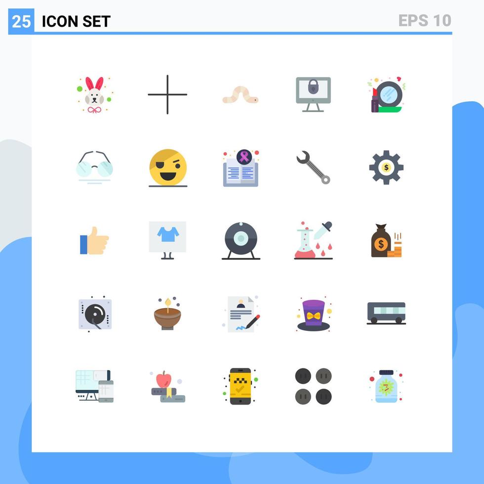 Mobile Interface Flat Color Set of 25 Pictograms of mirror glass bug security internet Editable Vector Design Elements