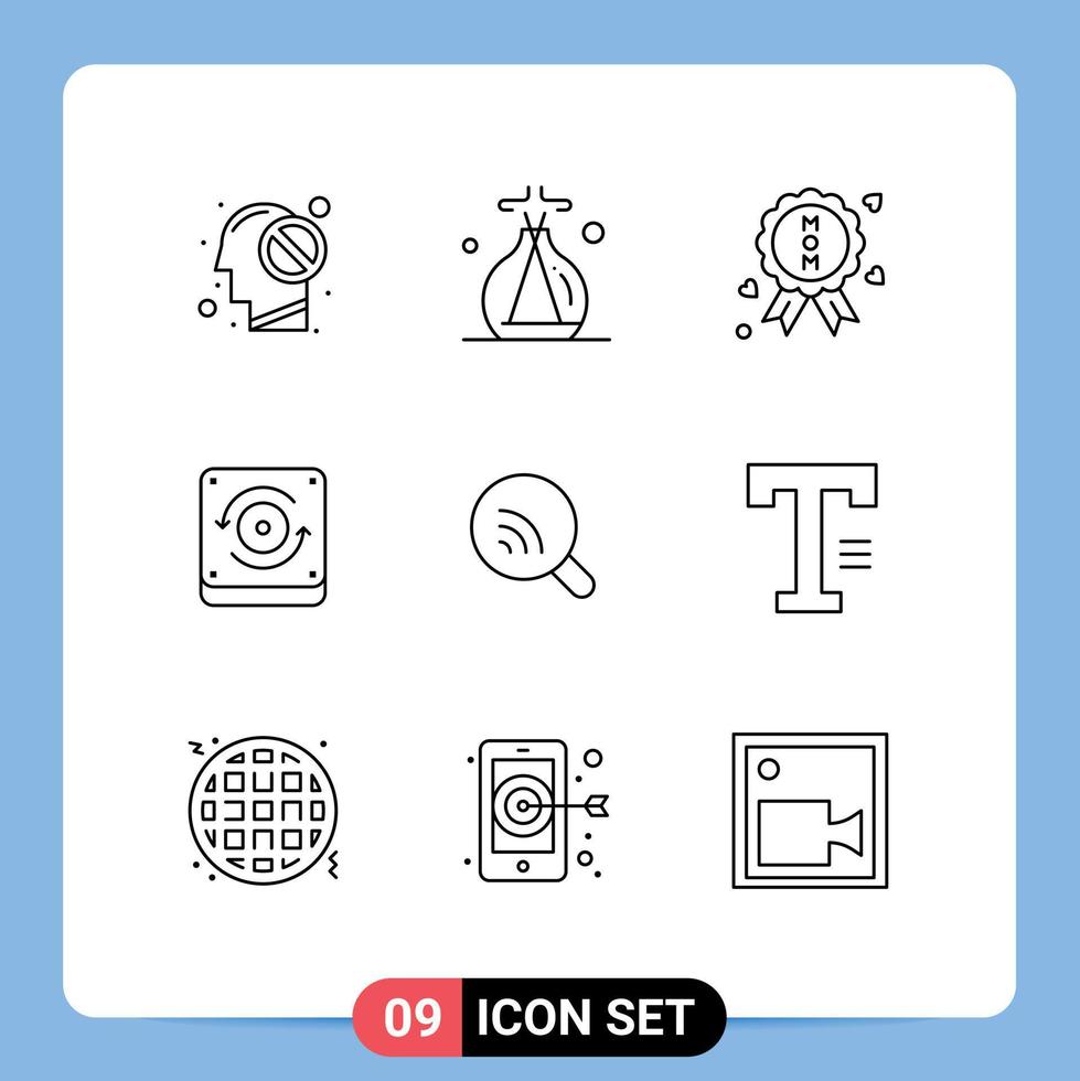 Mobile Interface Outline Set of 9 Pictograms of type wifi certificate research sound Editable Vector Design Elements