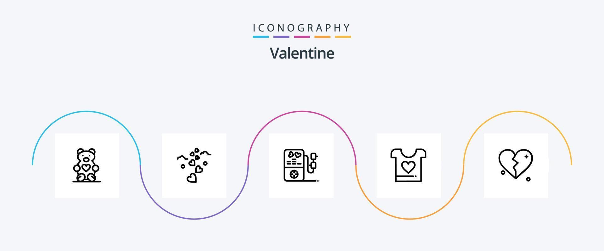 paquete de iconos de la línea 5 de san valentín que incluye el corazón. ropa. MP amor. amar. san valentin vector