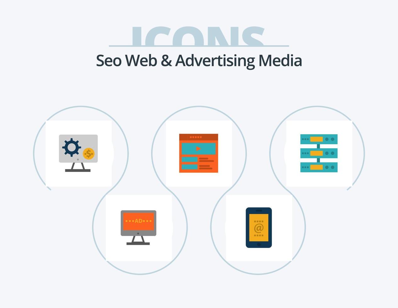 Seo Web And Advertising Media Flat Icon Pack 5 Icon Design. video player. money. phone. gear. screen vector