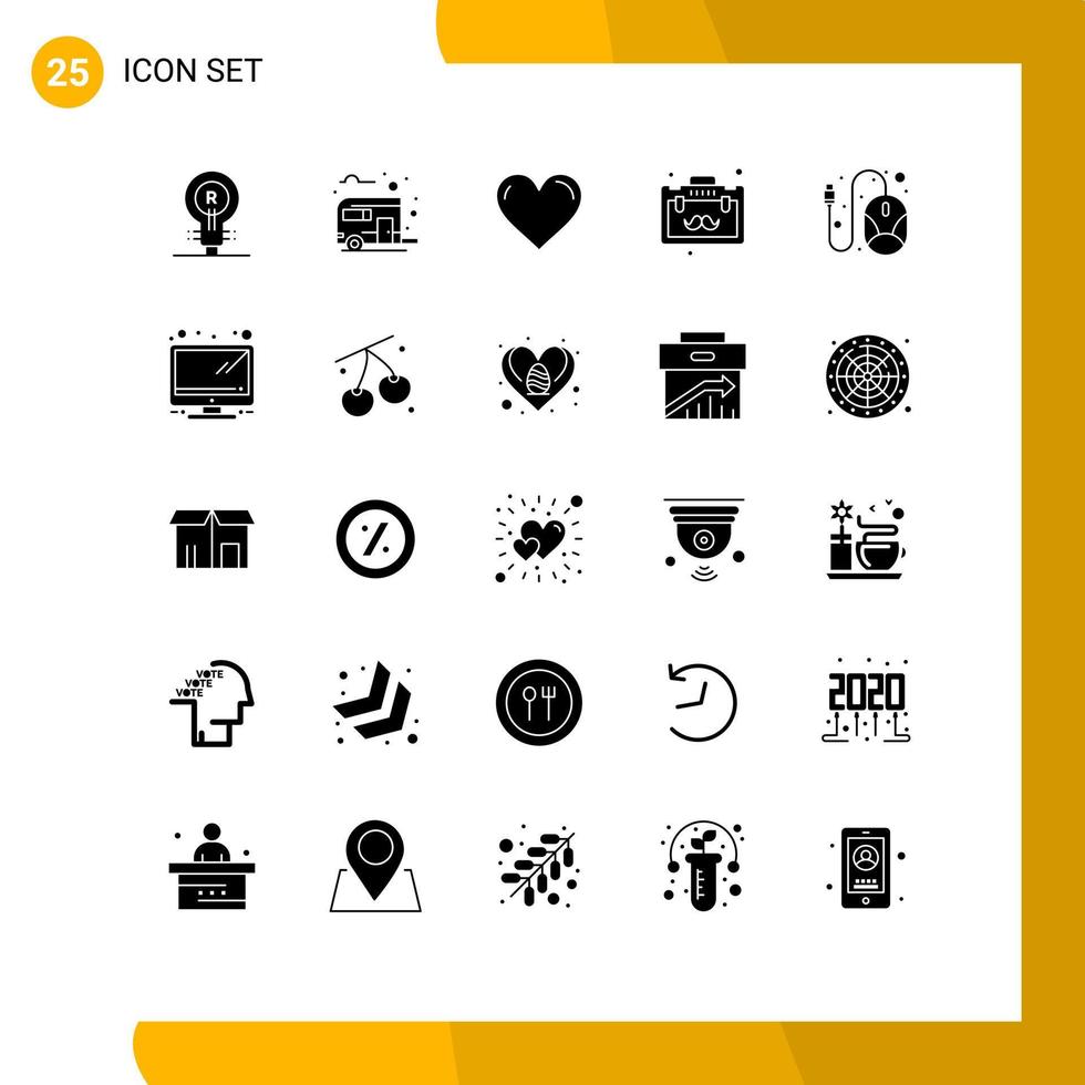 Solid Glyph Pack of 25 Universal Symbols of office briefcase camping report like Editable Vector Design Elements