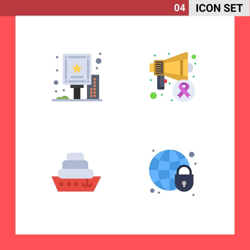 4 Thematic Vector Flat Icons and Editable Symbols of advertisement liner board cancer day global security Editable Vector Design Elements